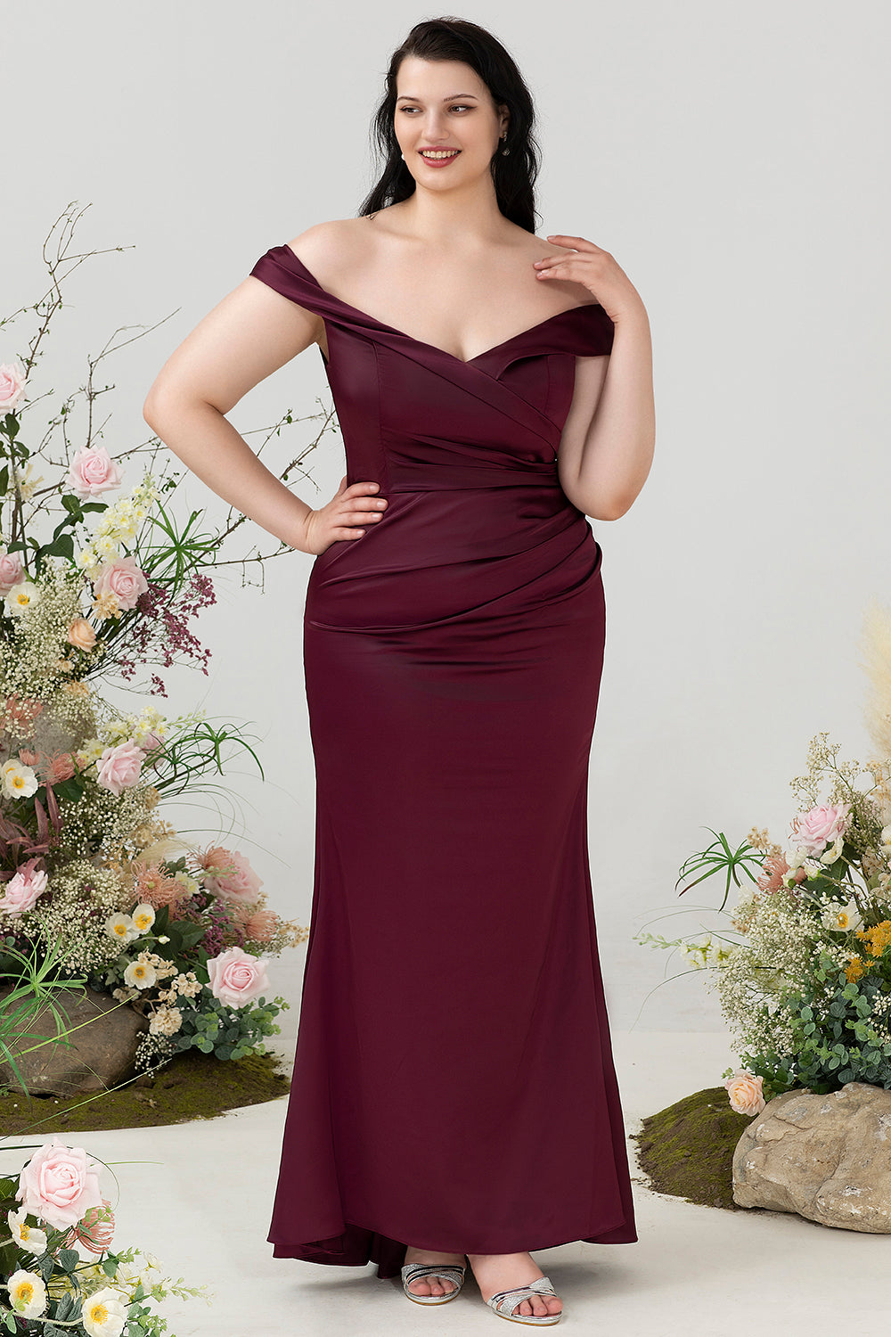 Mermaid Off The Shoulder Burgundy Plus Size Wedding Party Dress