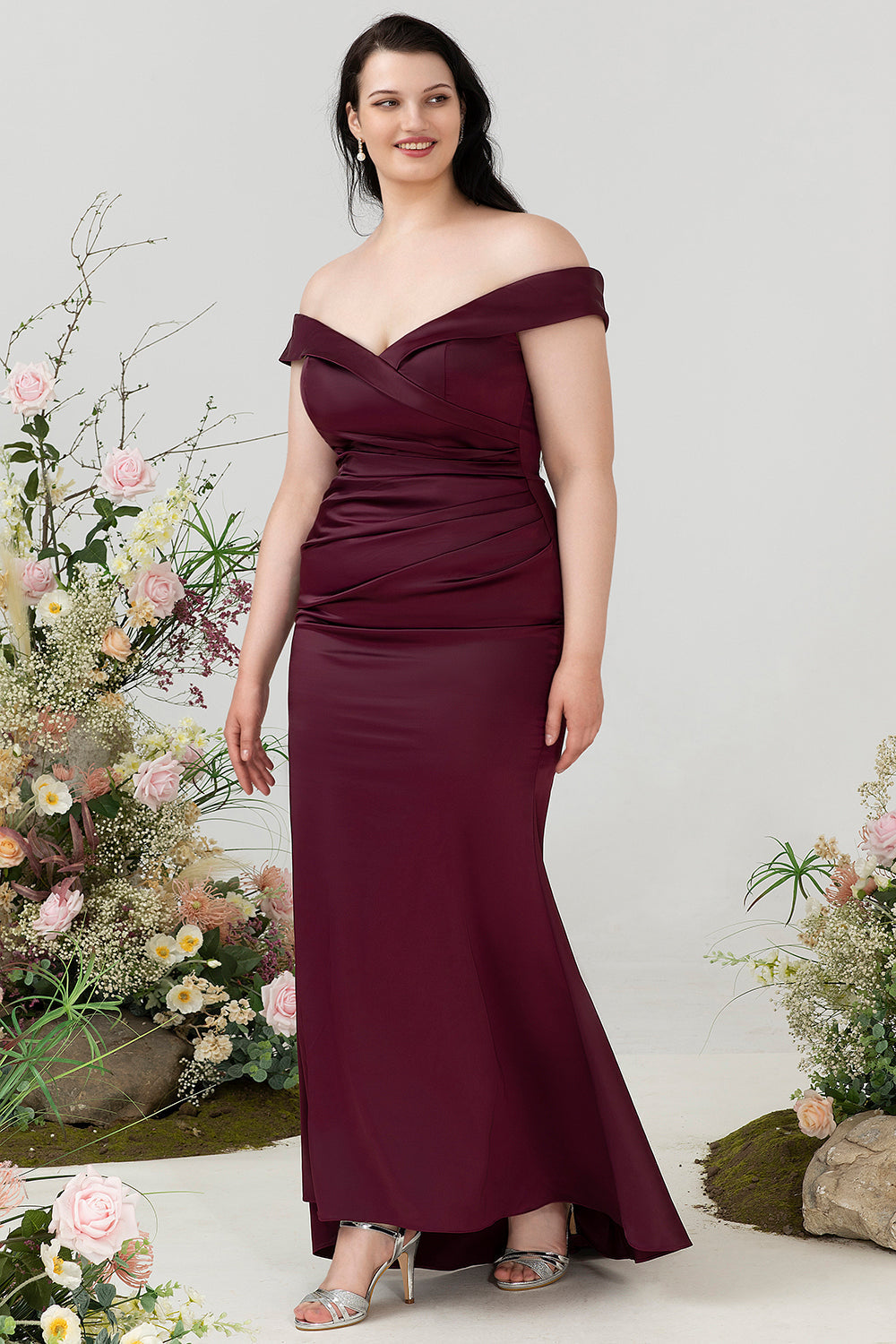 Mermaid Off The Shoulder Burgundy Plus Size Wedding Party Dress