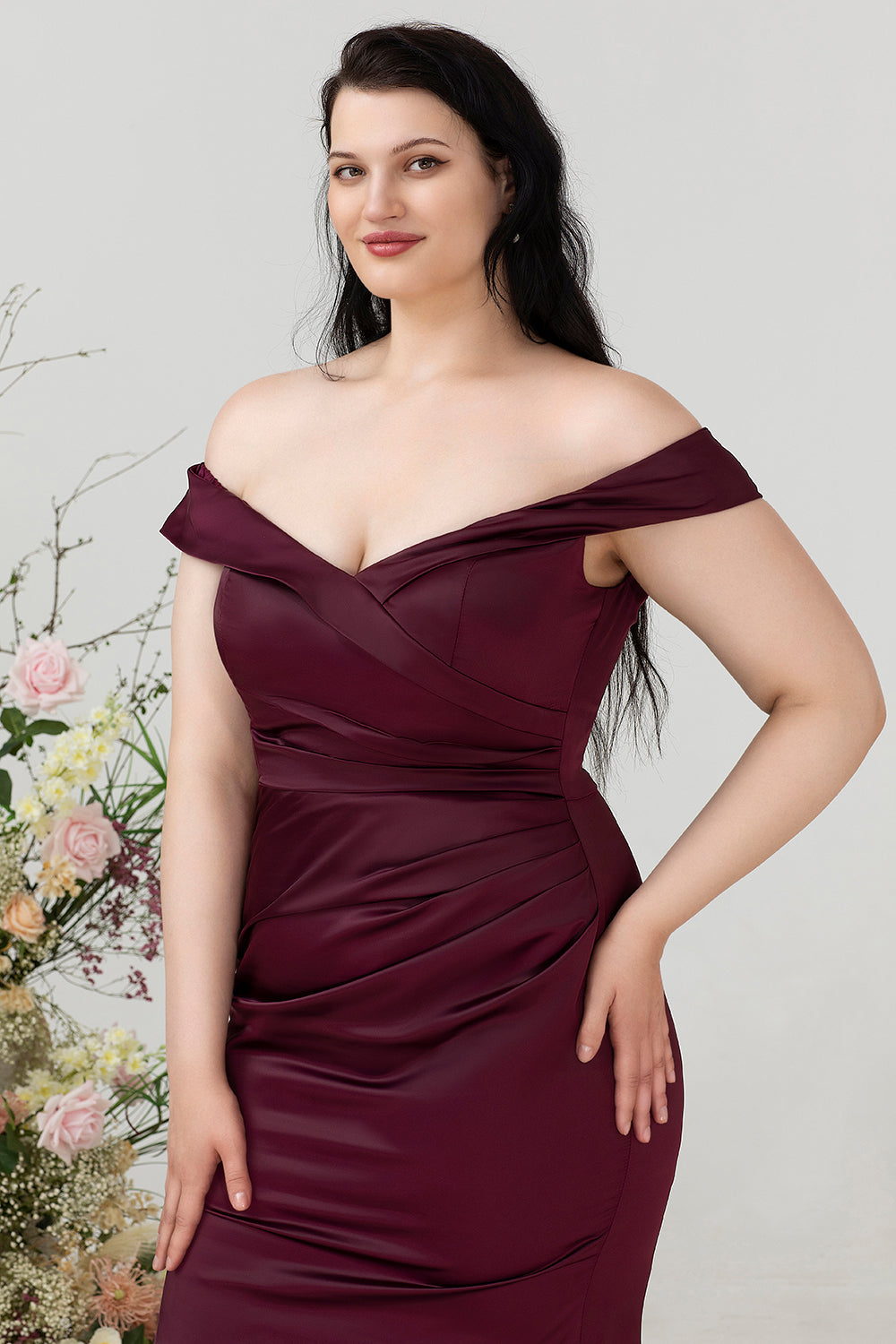 Mermaid Off The Shoulder Burgundy Plus Size Wedding Party Dress