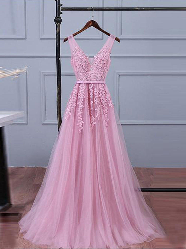 A-line Grey Tulle with Lace Appliqued V-neck Prom Dresses,Long Formal Gowns