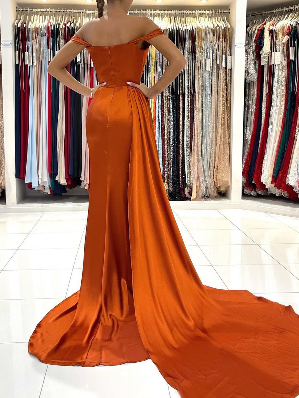 Rust Off the Shoulder Evening Dress Mermaid Satin Prom Dress with Flap PD2869