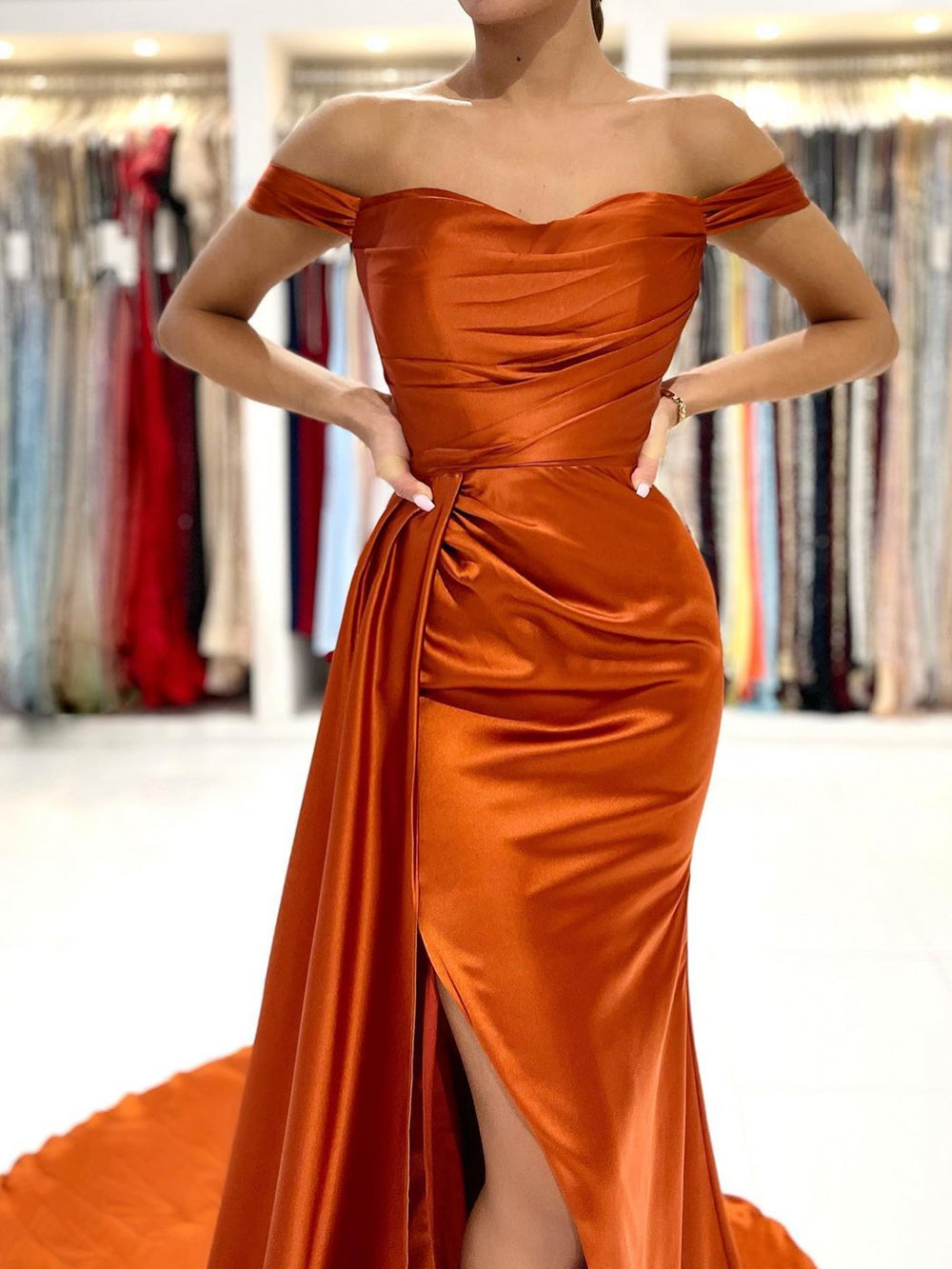 Rust Off the Shoulder Evening Dress Mermaid Satin Prom Dress with Flap PD2869