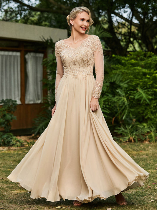 A-line V-neck Lace Appliqued Floor-length Dress Champagne