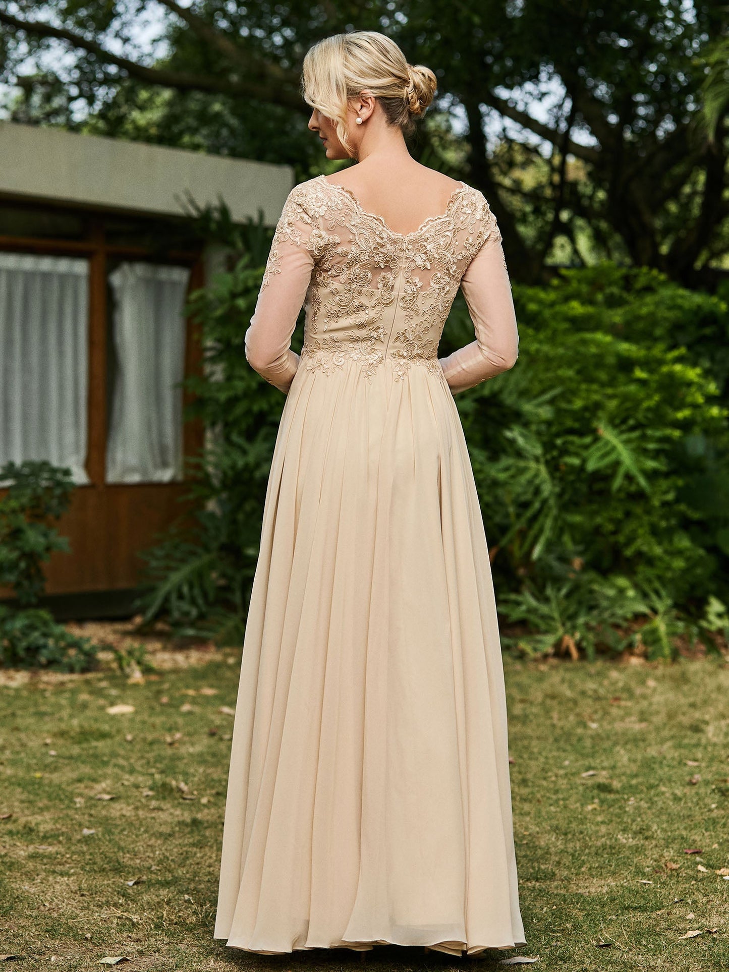 A-line V-neck Lace Appliqued Floor-length Dress Champagne