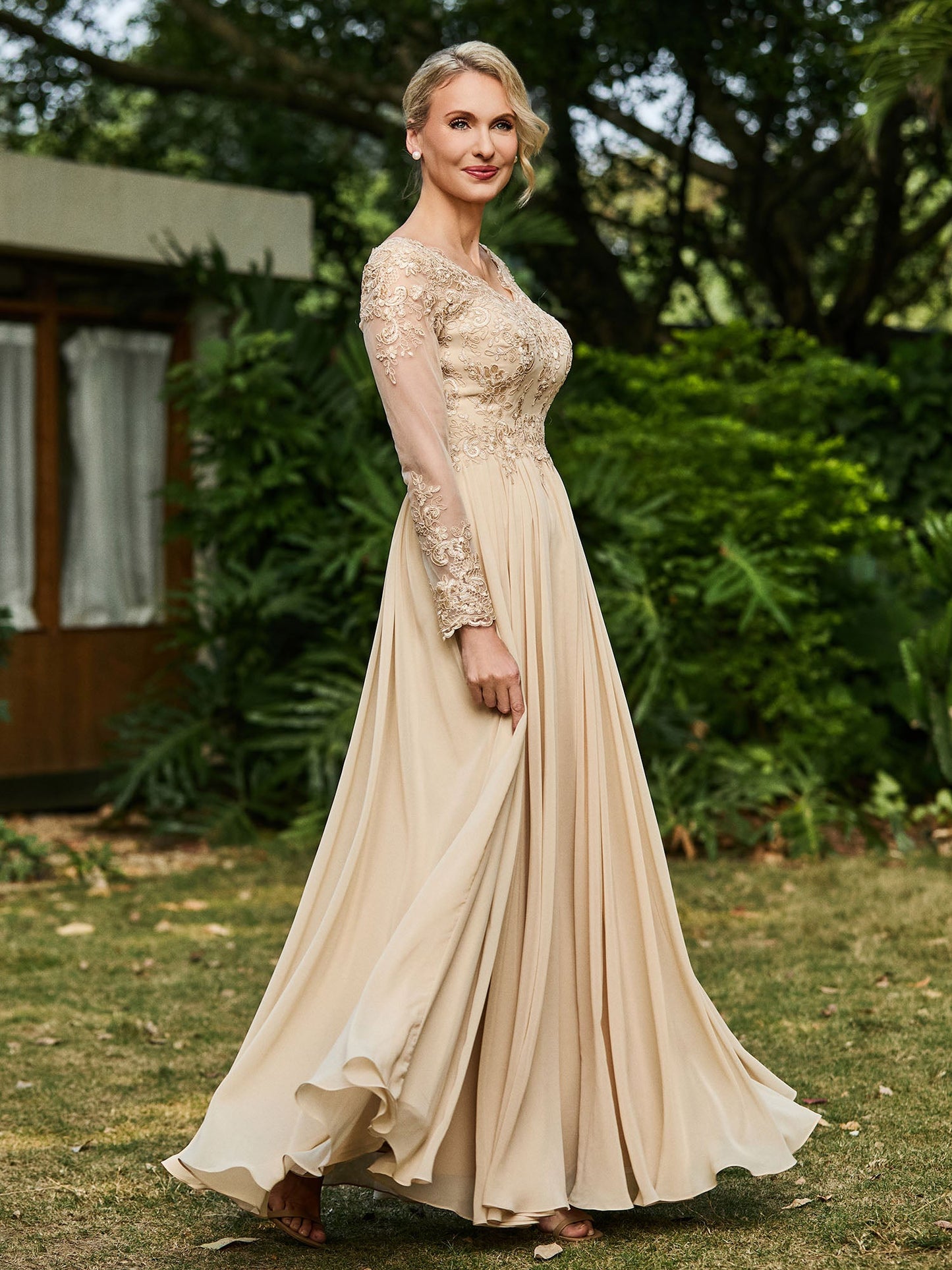 A-line V-neck Lace Appliqued Floor-length Dress Champagne