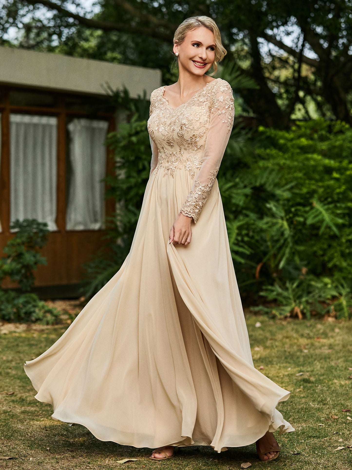 A-line V-neck Lace Appliqued Floor-length Dress Champagne