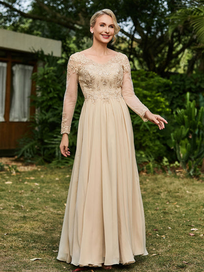 A-line V-neck Lace Appliqued Floor-length Dress Champagne