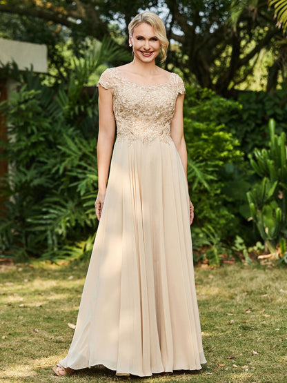Scoop Neckline Appliqued A-line Chiffon Dress Champagne