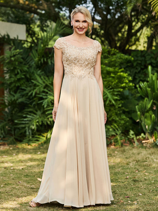 Scoop Neckline Appliqued A-line Chiffon Dress Champagne
