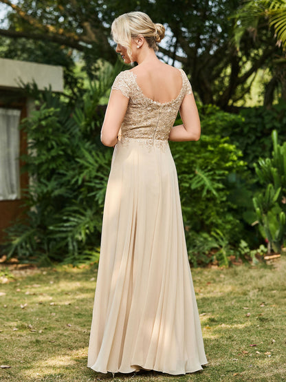 Scoop Neckline Appliqued A-line Chiffon Dress Champagne