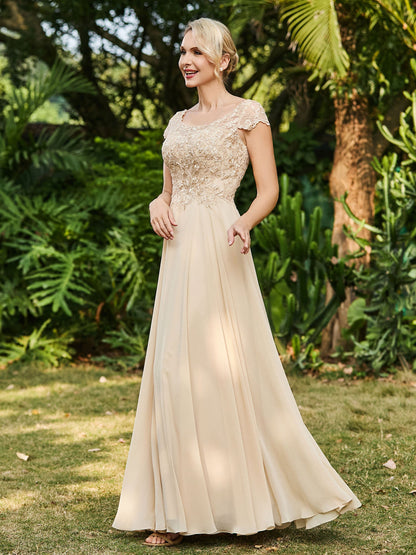 Scoop Neckline Appliqued A-line Chiffon Dress Champagne