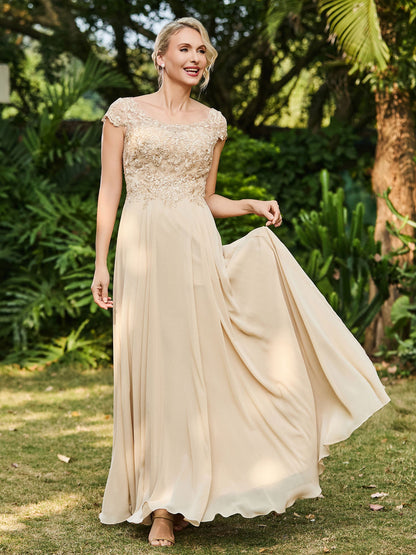 Scoop Neckline Appliqued A-line Chiffon Dress Champagne