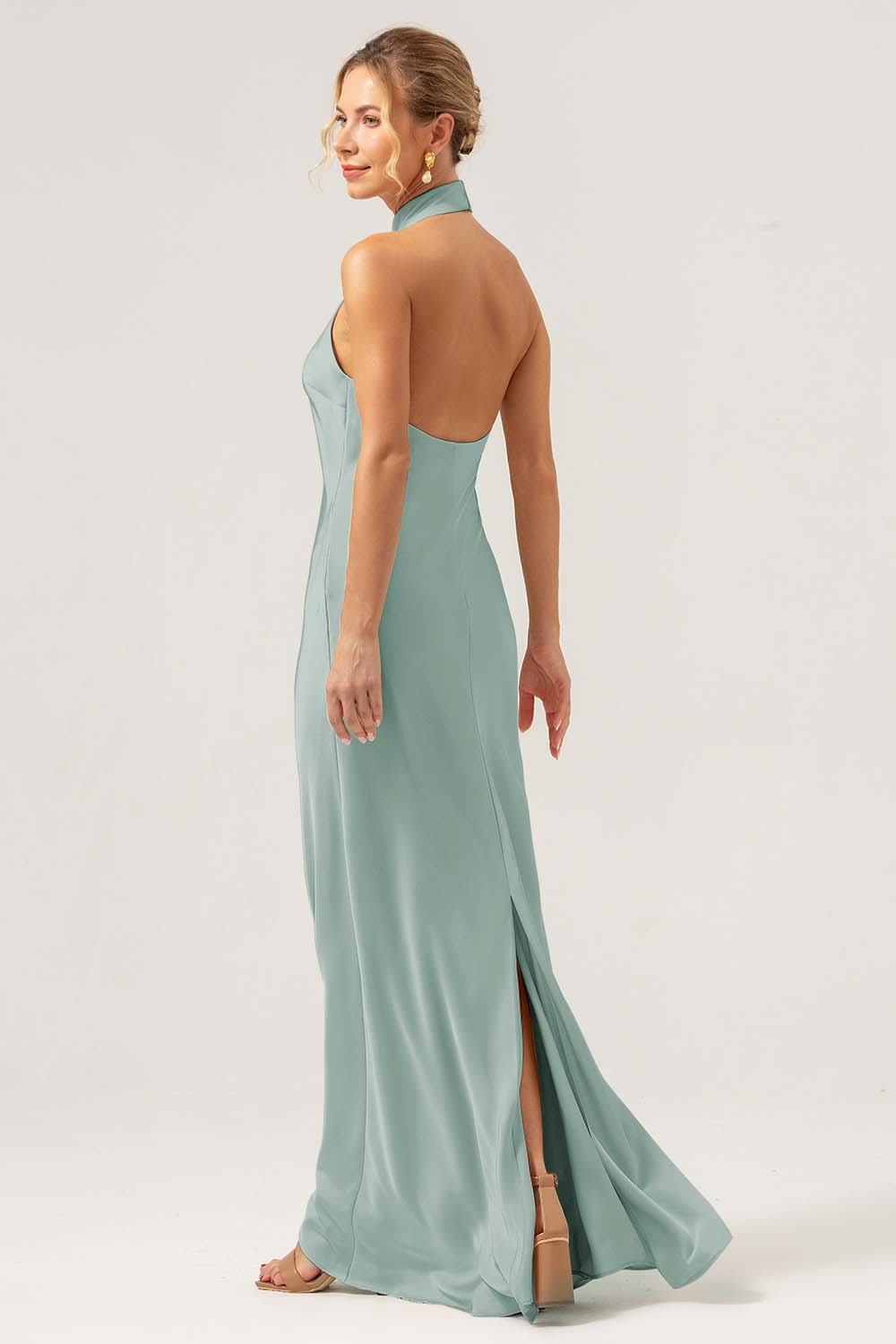 Halter Sheath Dark Green Long Bridesmaid Dress with Back Slit