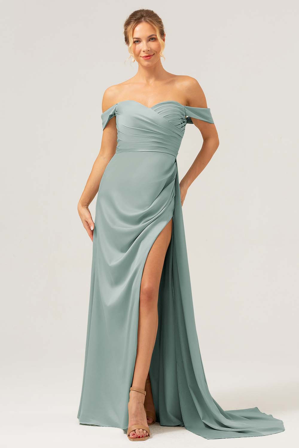 Dusty Sage Off The Shoulder Long Bridesmaid Dress with Slit