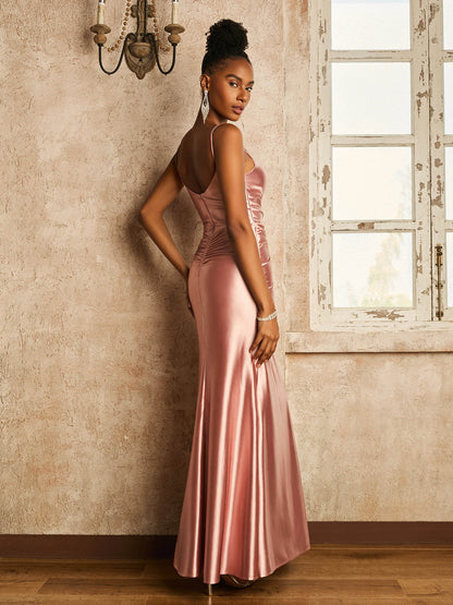 V-neck Ruched Spaghetti Straps Dress with Slit Dusty Rose