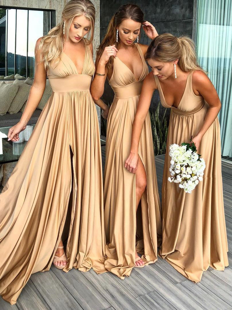 Elegant Spandex V-neck Neckline A-line Bridesmaid Dresses With Slit