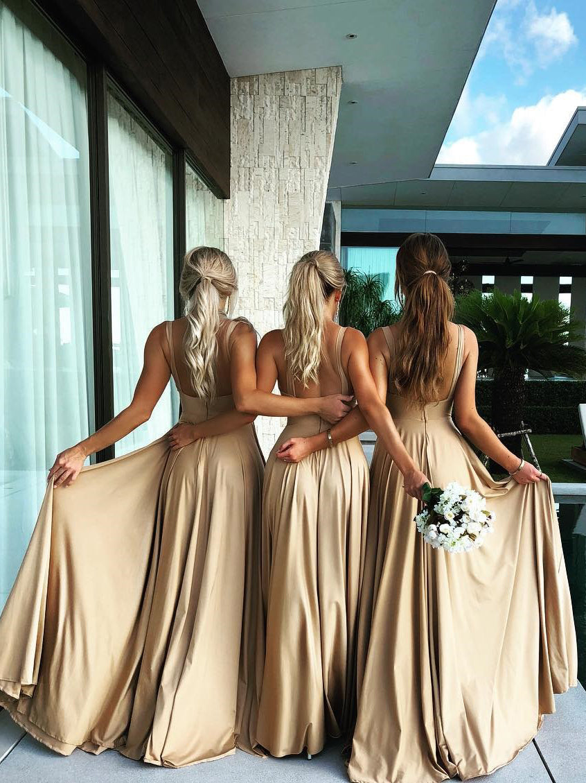 Elegant Spandex V-neck Neckline A-line Bridesmaid Dresses With Slit