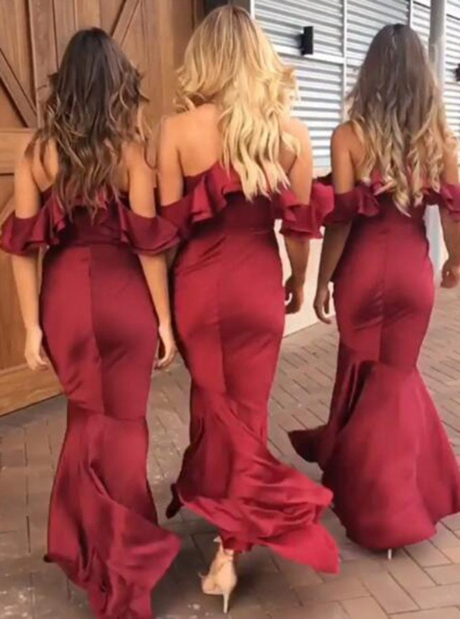 Popular Satin Spaghetti Straps Mermaid Hi-lo Bridesmaid Dresses