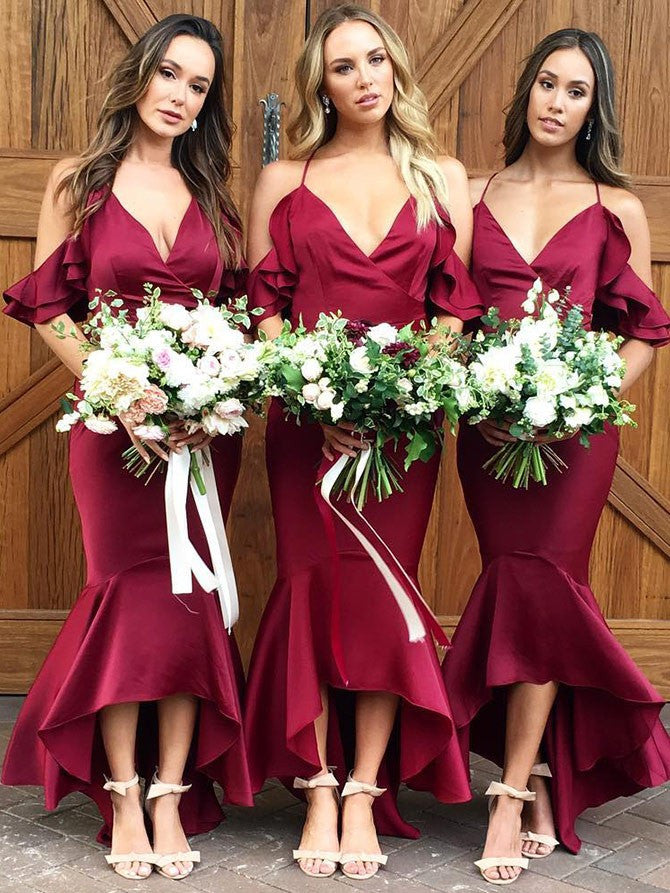 Popular Satin Spaghetti Straps Mermaid Hi-lo Bridesmaid Dresses