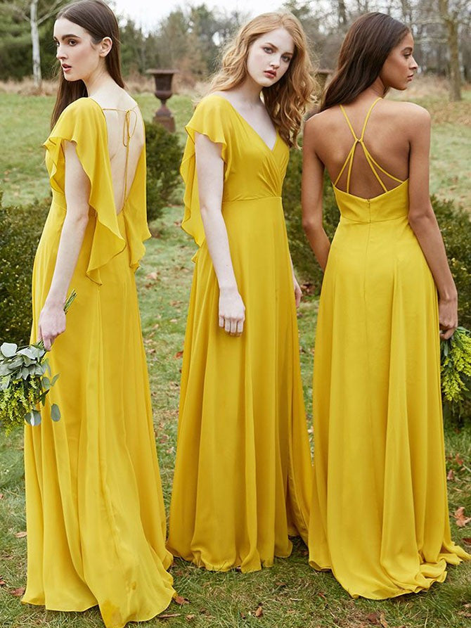 Elegant V-neck A-line Bridesmaid Dresses Chiffon Short Sleeves Gowns