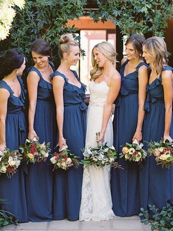 Modest Long Chiffon Bridesmaid Dresses A-line V-neck Gowns