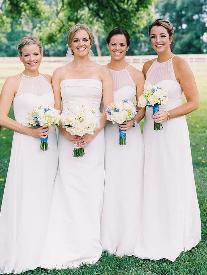 Jewel Illusion A-line Bridesmaid Dresses Chiffon Long Gowns