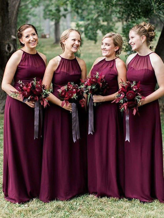 Jewel Illusion A-line Bridesmaid Dresses Chiffon Long Gowns