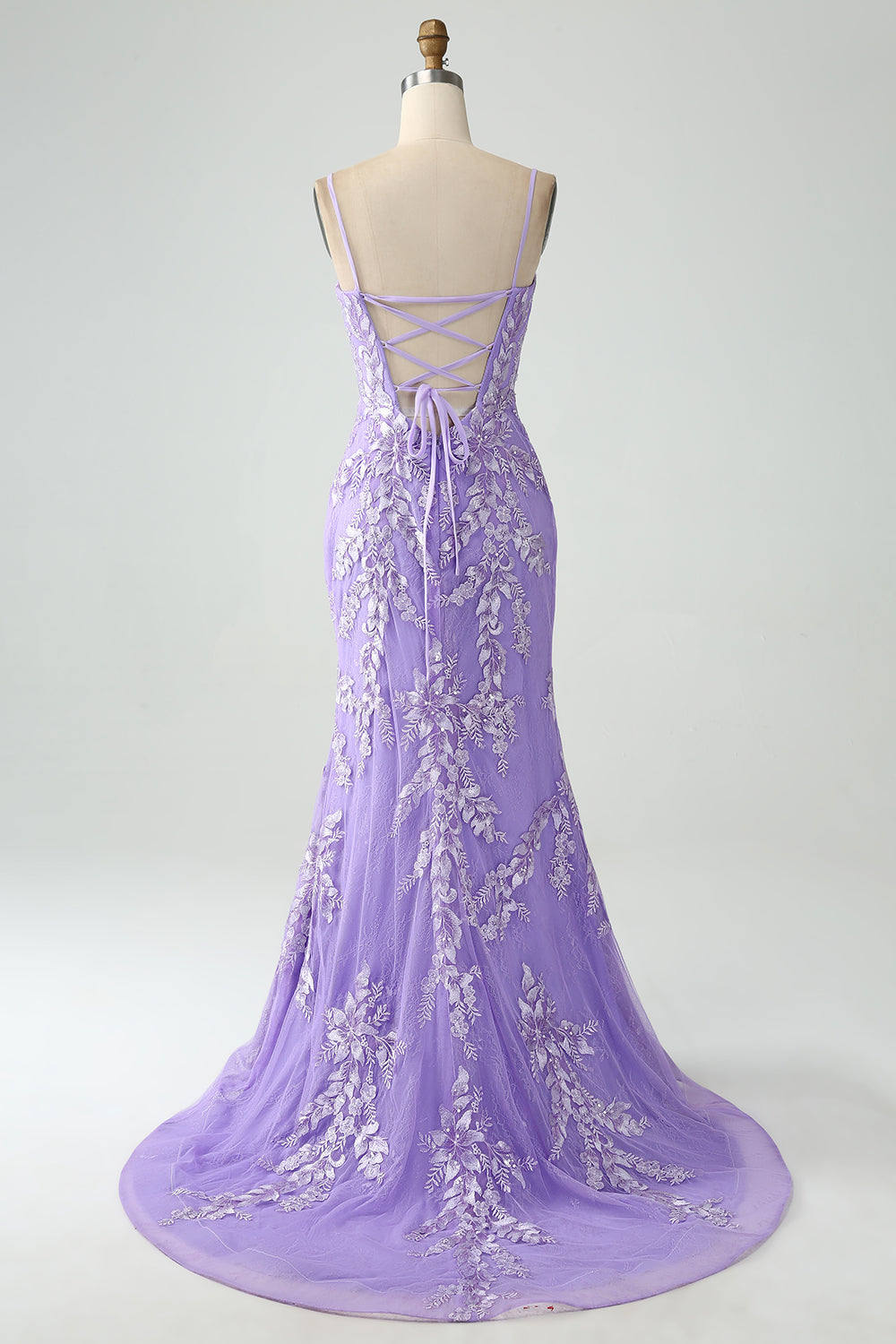 Mermaid Lilac Spaghetti Straps Long Prom Dress with Appliques