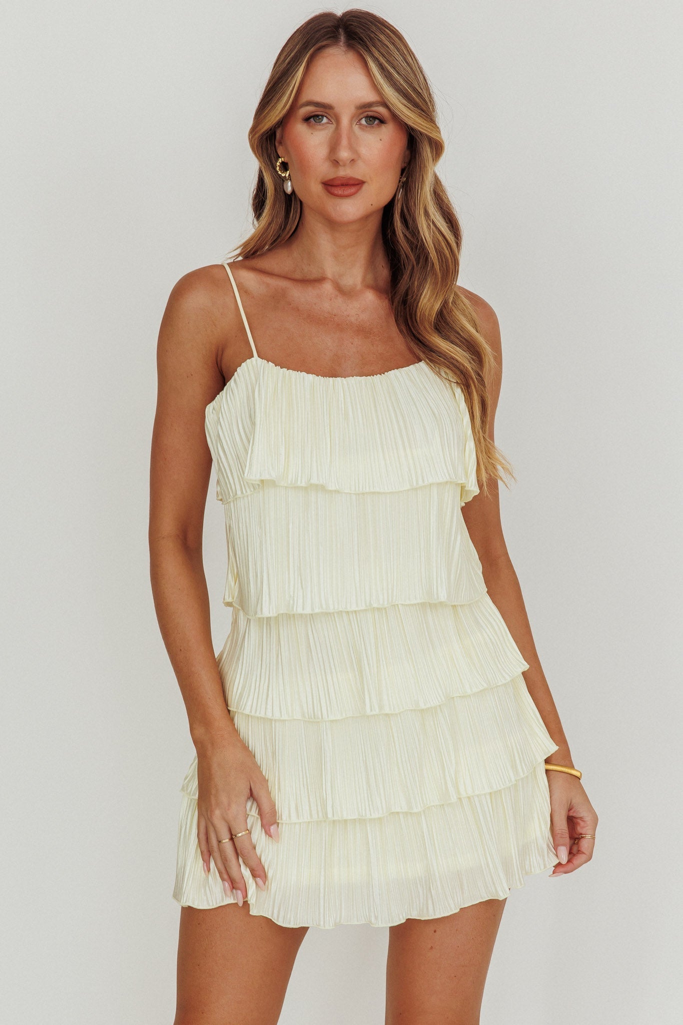 My Type Plisse Tiered Mini Dress Ivory