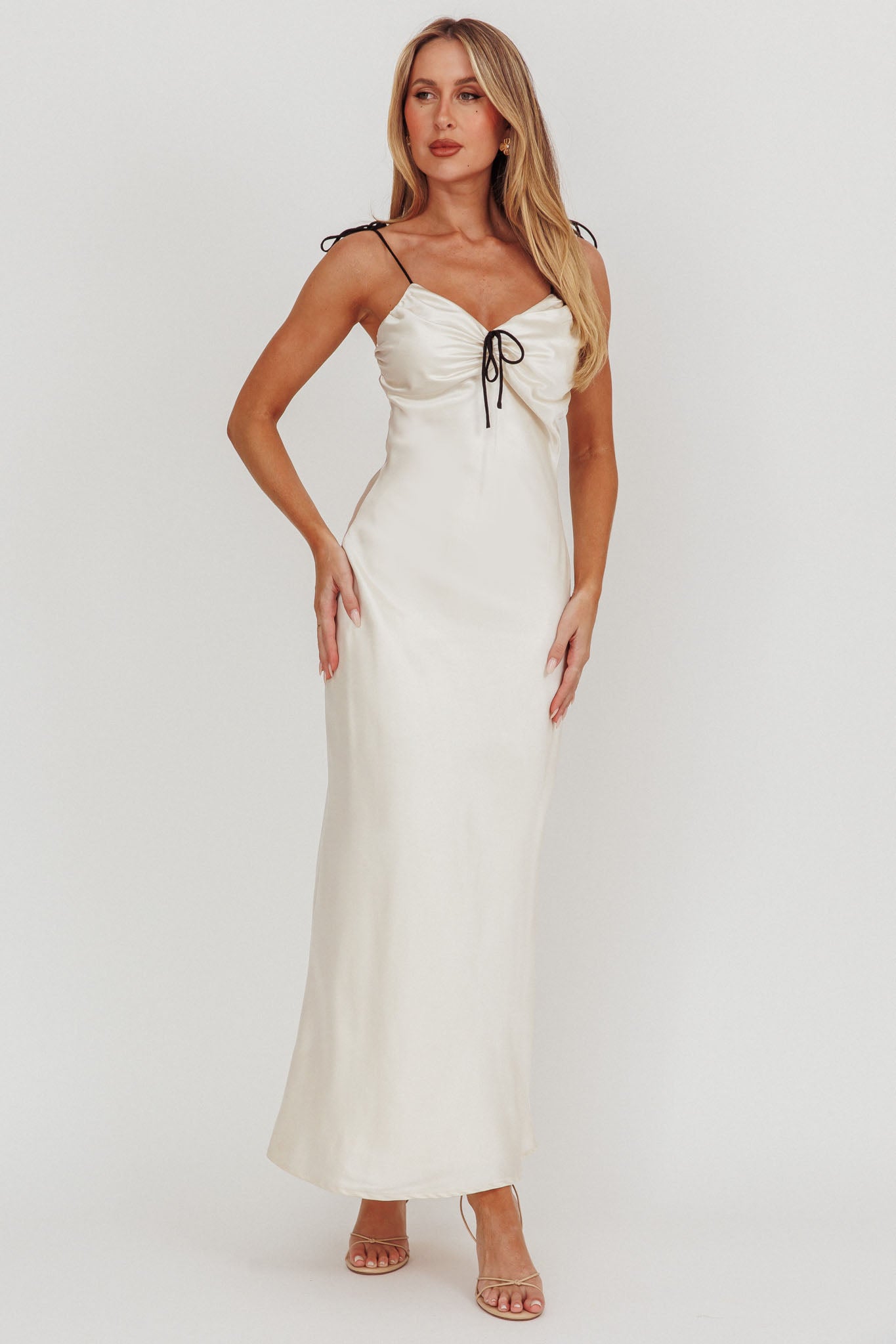 Slow Burn Tied Shoulders Satin Maxi Dress Oyster