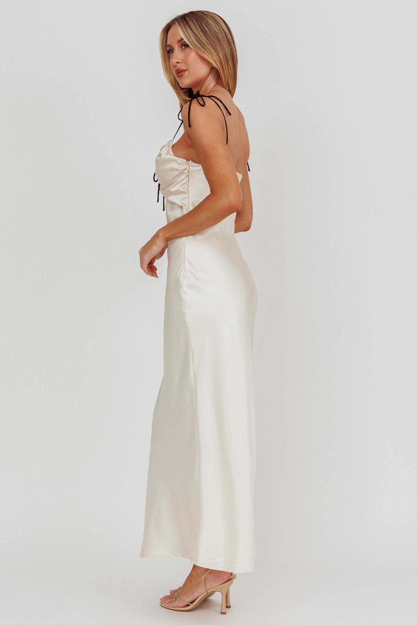 Slow Burn Tied Shoulders Satin Maxi Dress Oyster