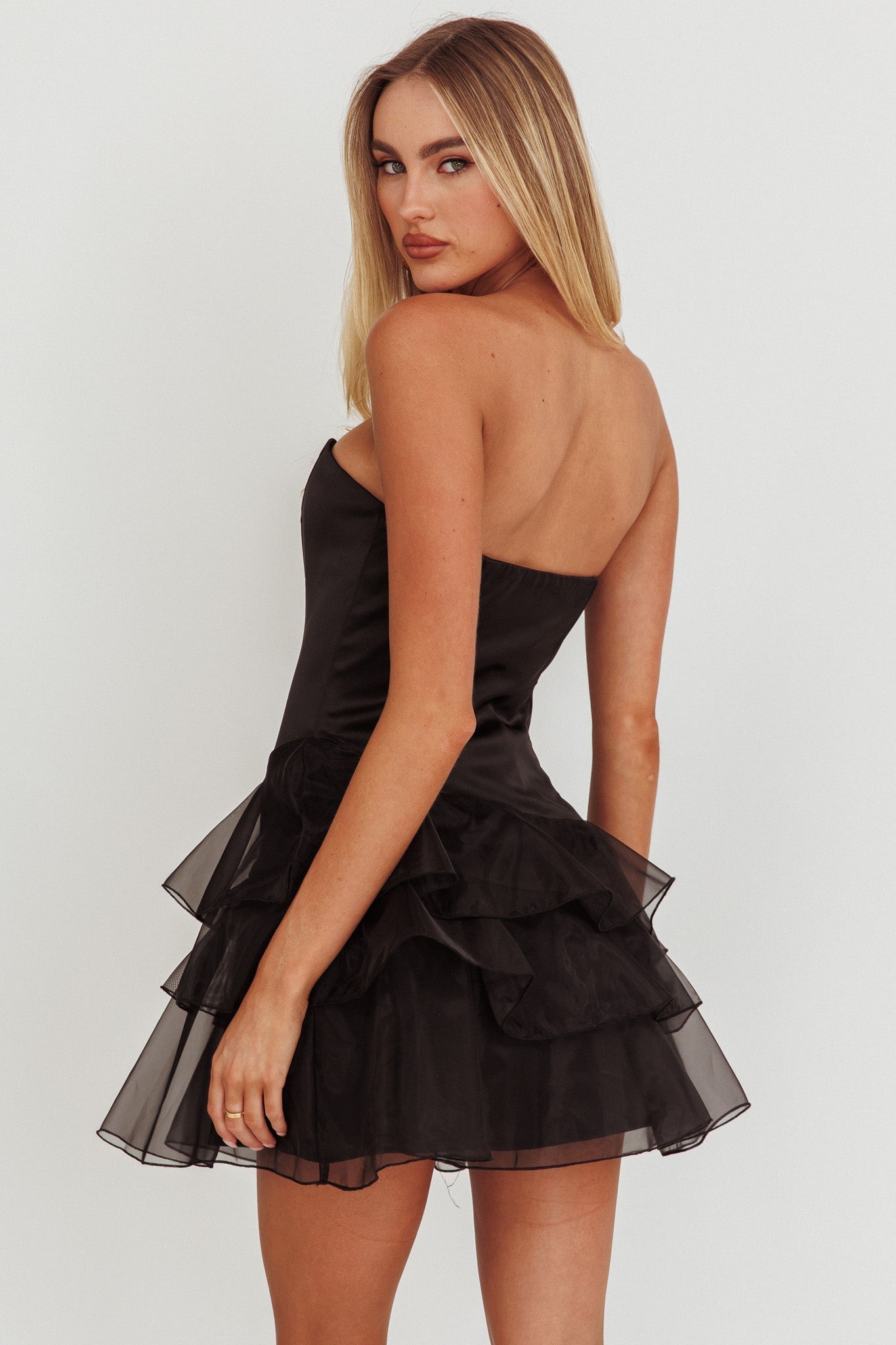 Bless Strapless Organza Ruffle Mini Dress Black