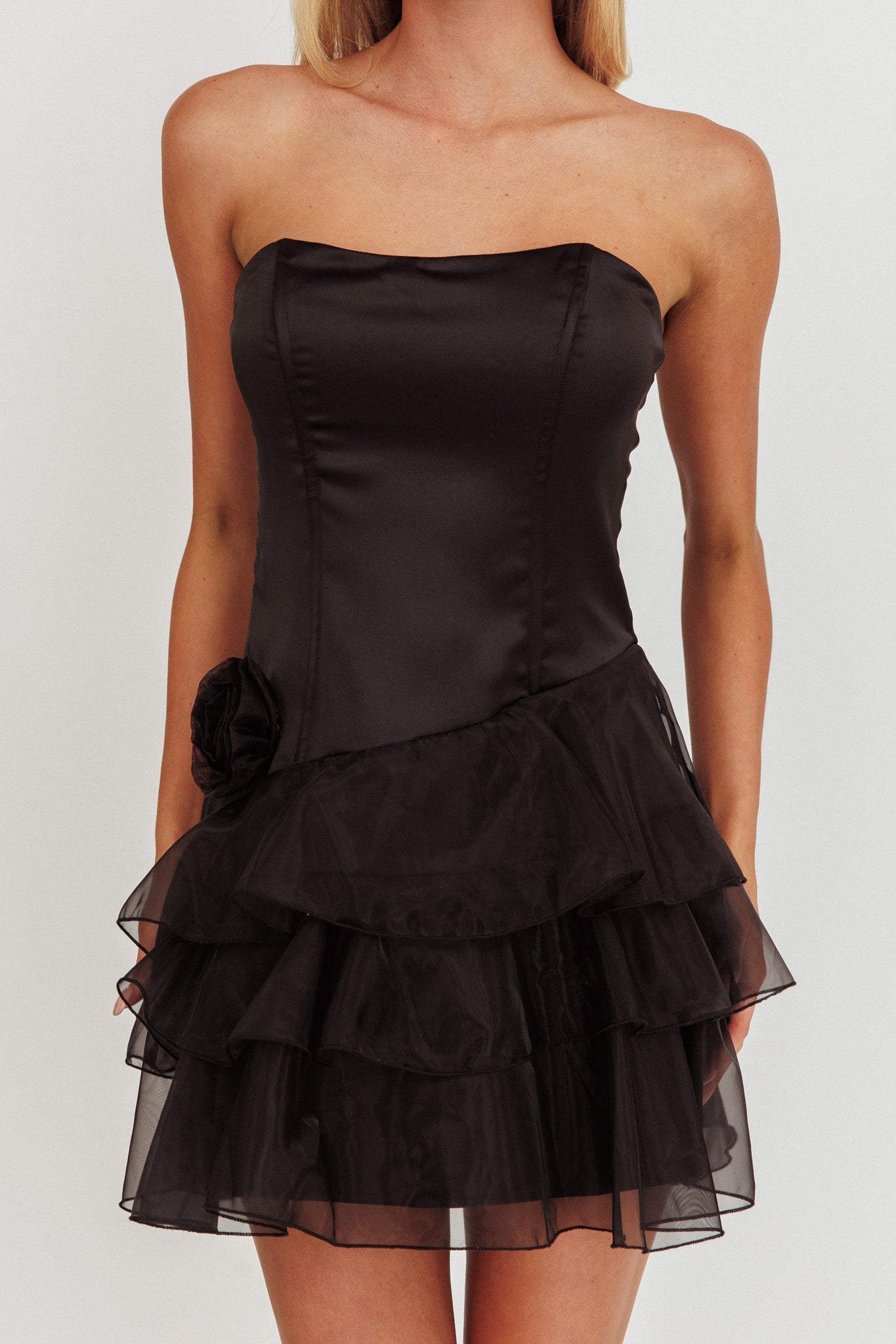 Bless Strapless Organza Ruffle Mini Dress Black