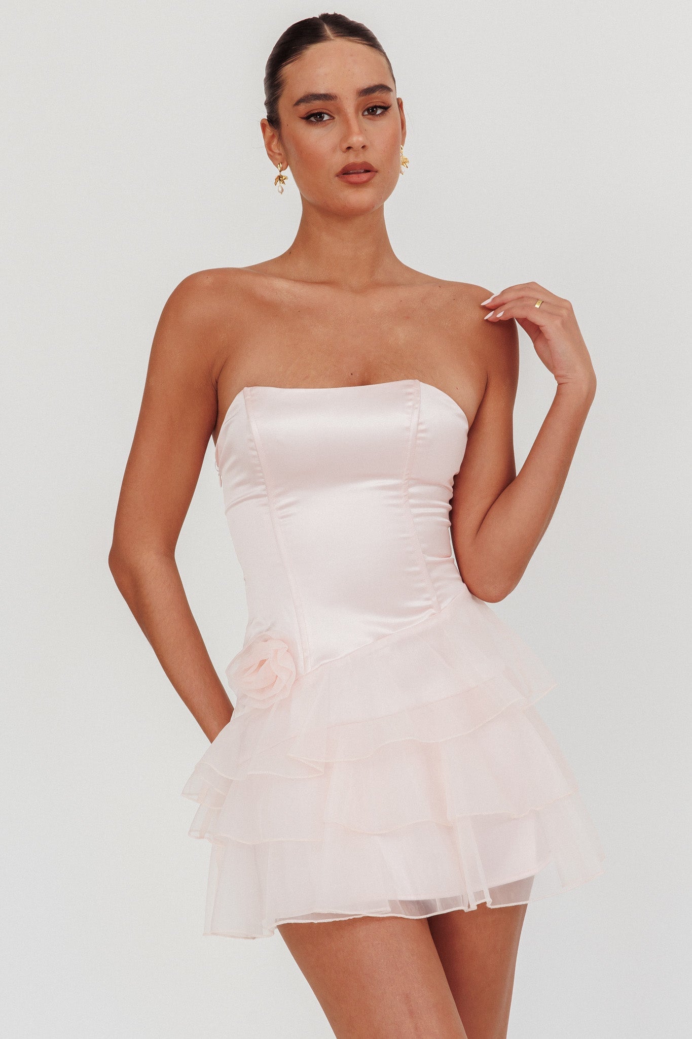 Bless Strapless Organza Ruffle Mini Dress Blush