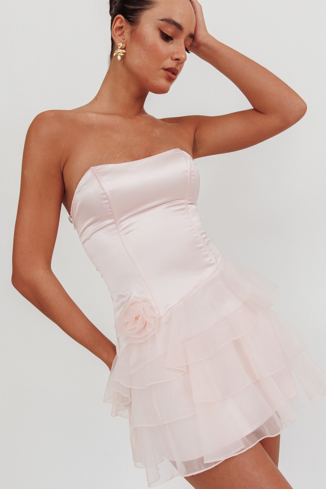 Bless Strapless Organza Ruffle Mini Dress Blush