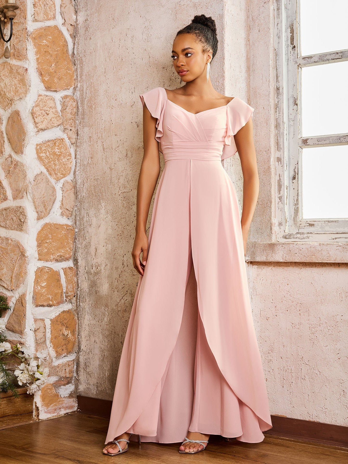 Flutter Sleeves Ruched Backless Chiffon Dresses Dusty Rose