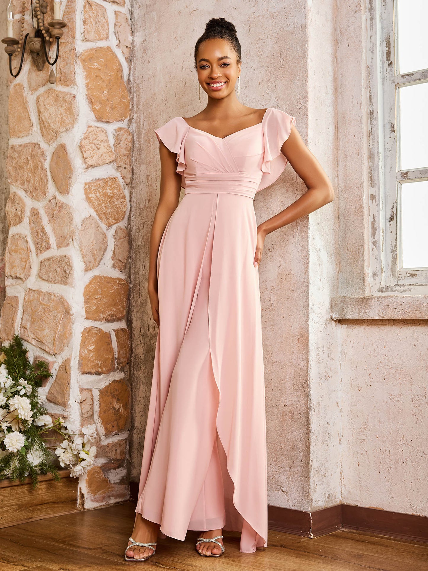Flutter Sleeves Ruched Backless Chiffon Dresses Dusty Rose