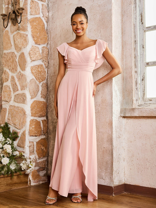Flutter Sleeves Ruched Backless Chiffon Dresses Dusty Rose