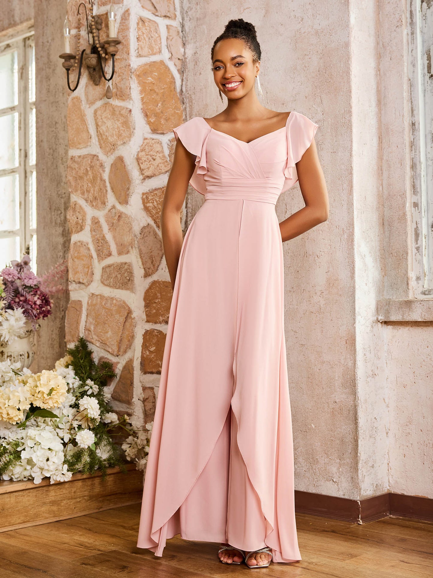 Flutter Sleeves Ruched Backless Chiffon Dresses Dusty Rose