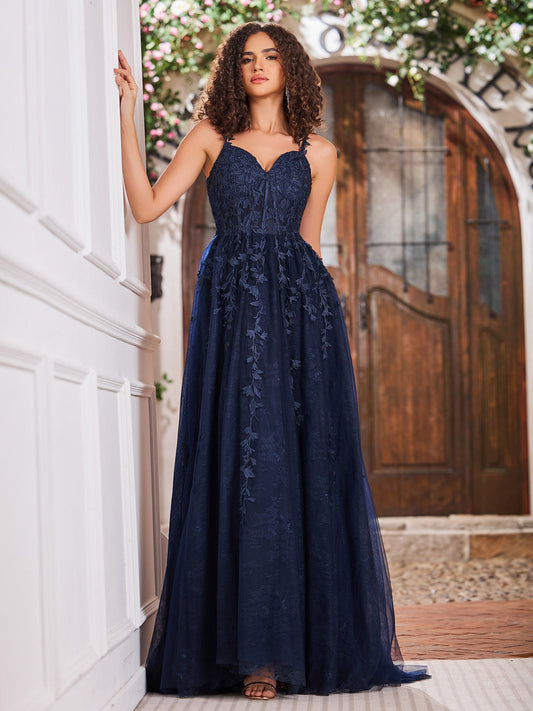 Sweep Train Tulle Dress With Slit Dark Navy