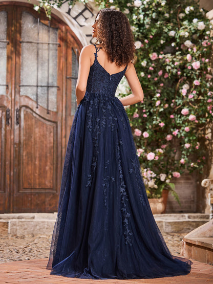 Sweep Train Tulle Dress With Slit Dark Navy