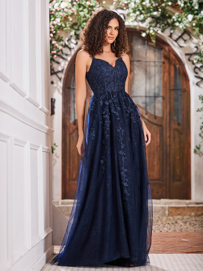 Sweep Train Tulle Dress With Slit Dark Navy