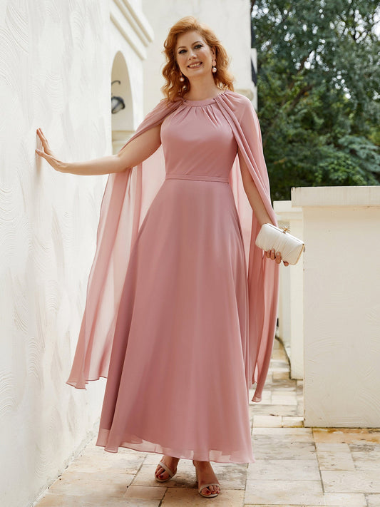 A-line Jewel-Neck Chiffon Dress With Long Cape-Dusty Rose