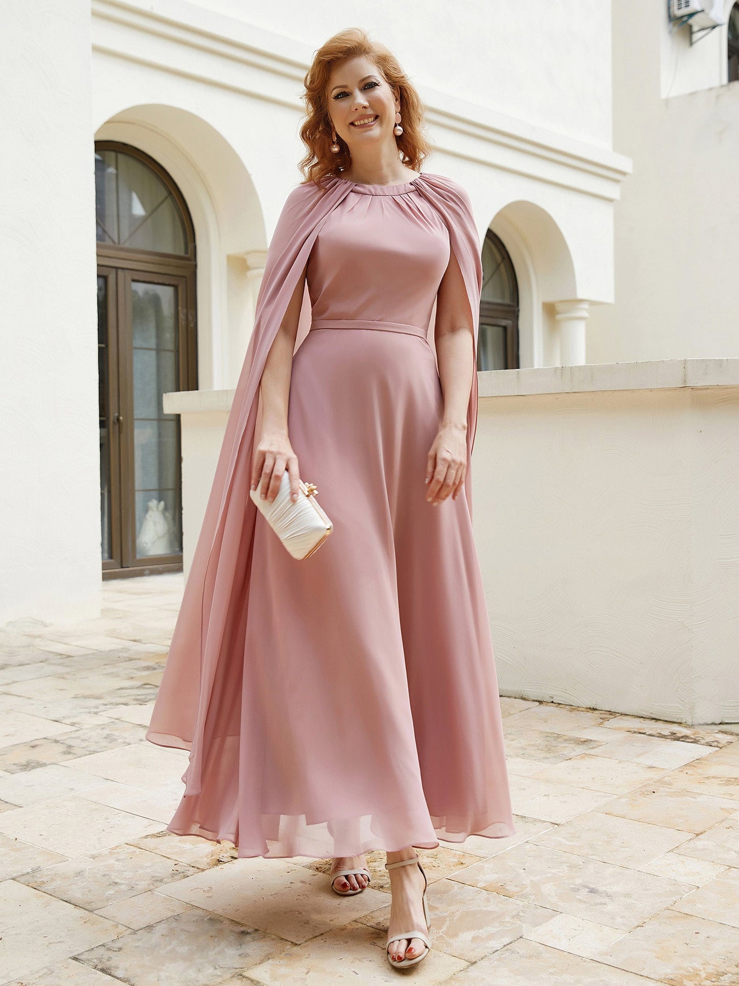 A-line Jewel-Neck Chiffon Dress With Long Cape-Dusty Rose