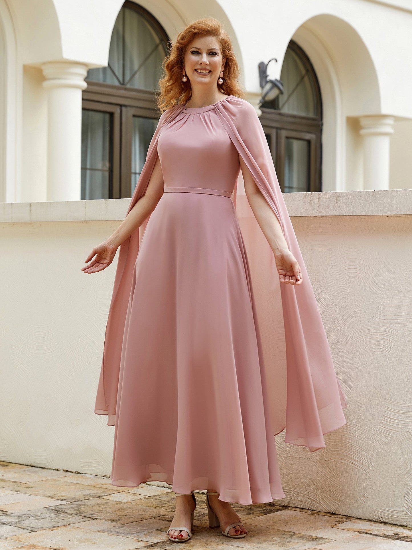 A-line Jewel-Neck Chiffon Dress With Long Cape-Dusty Rose