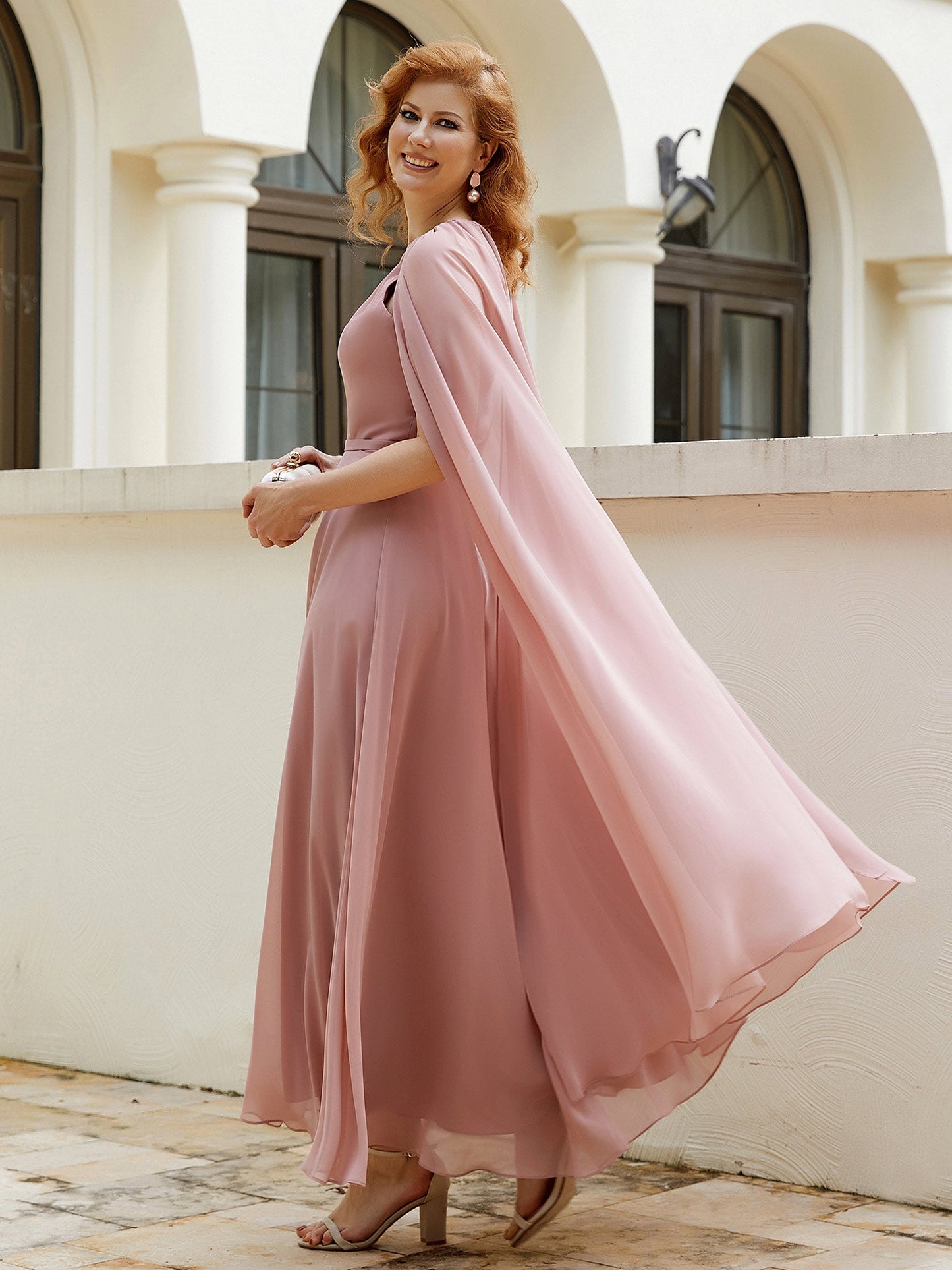 A-line Jewel-Neck Chiffon Dress With Long Cape-Dusty Rose