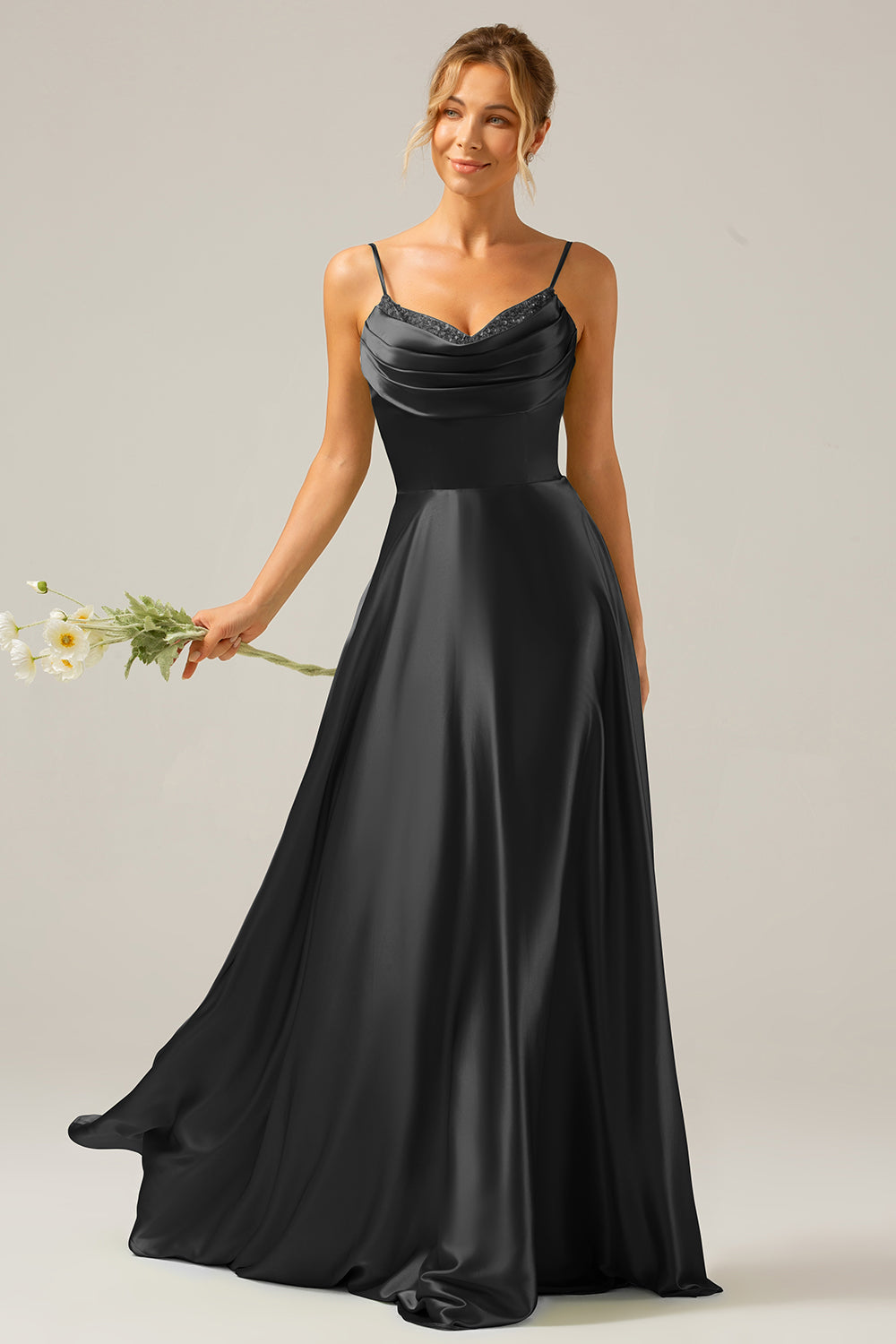 Dusty Sage A Line Cowl Neck Satin Long Prom Dress with Pleated