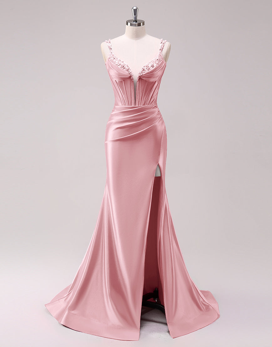 Sparkly Fuchsia Corset Satin Long Prom Dress with Slit