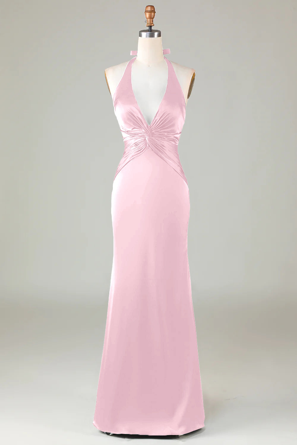 Blushing Pink Sheath Halter Satin Long Bridesmaid Dress