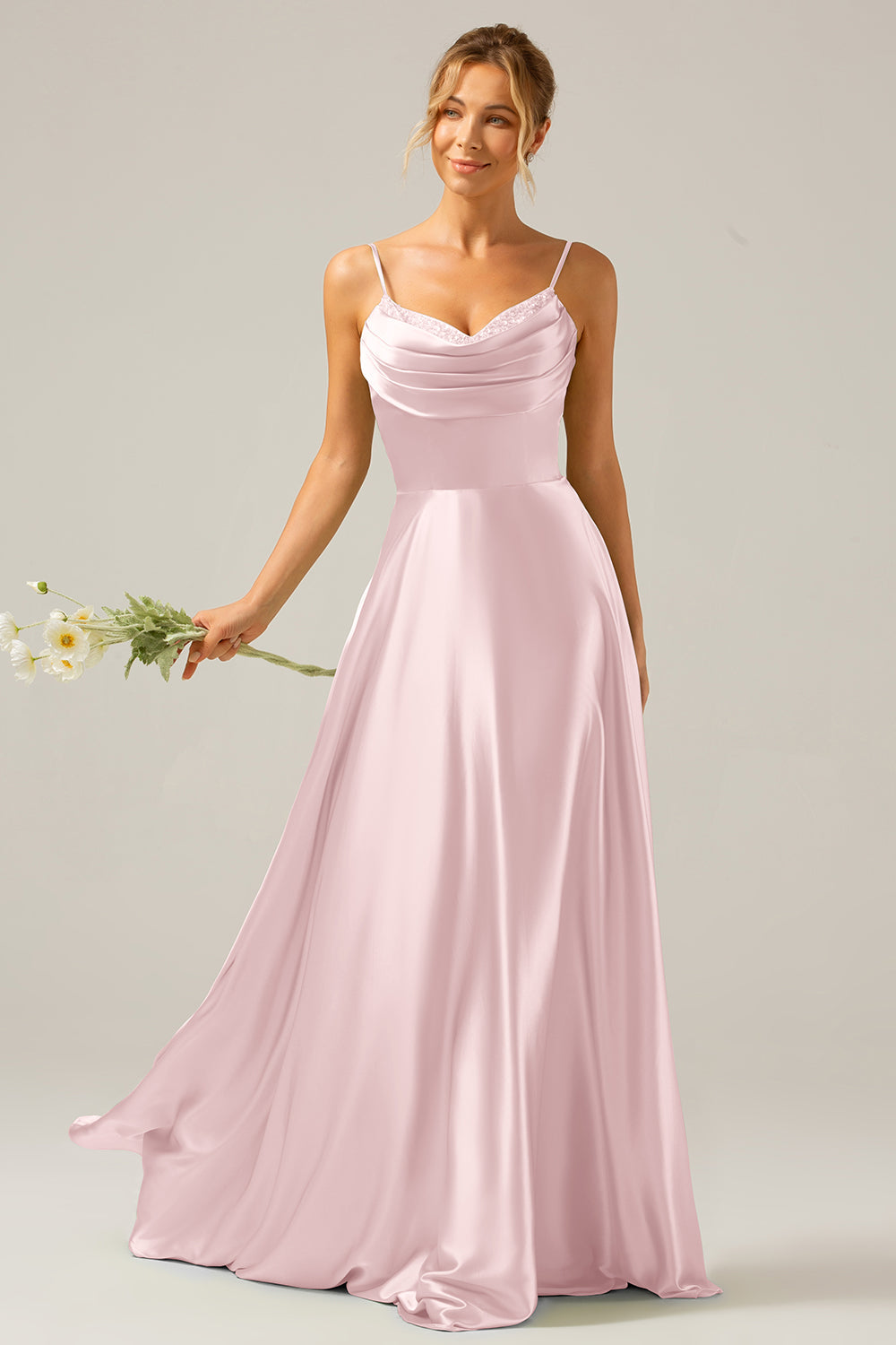 Dusty Sage A Line Cowl Neck Satin Long Prom Dress with Pleated